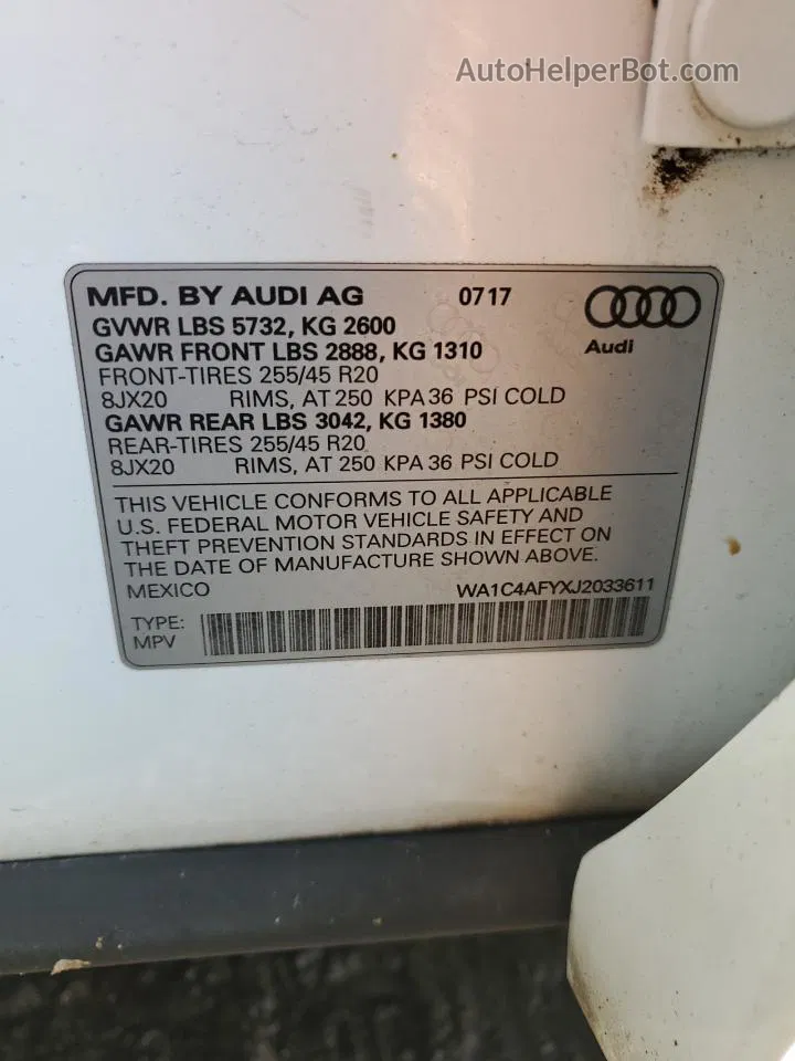 2018 Audi Sq5 Prestige White vin: WA1C4AFYXJ2033611