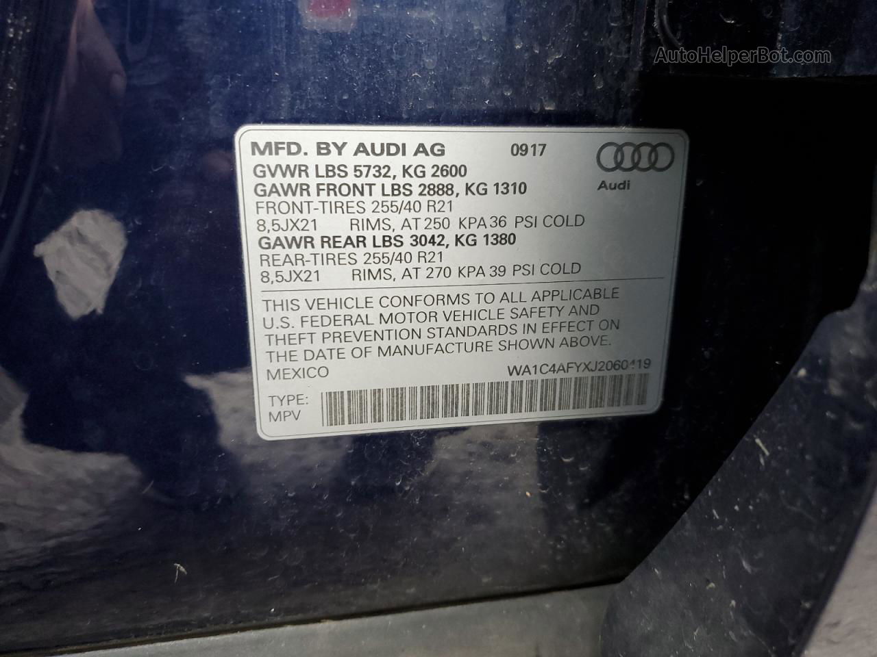 2018 Audi Sq5 Prestige Blue vin: WA1C4AFYXJ2060419