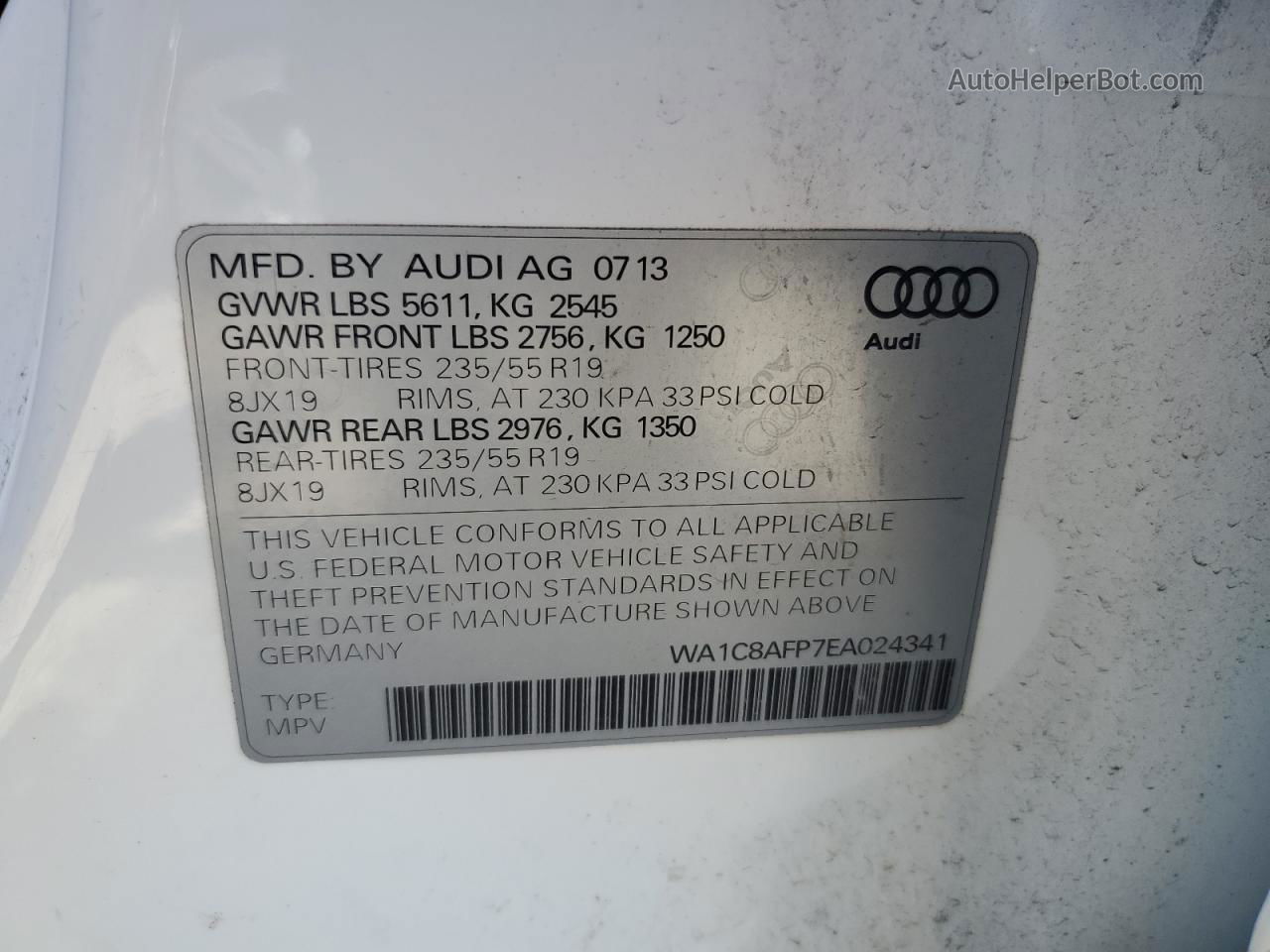 2014 Audi Q5 Premium Hybrid White vin: WA1C8AFP7EA024341