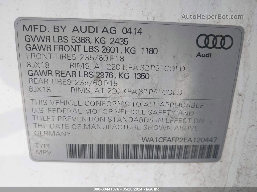 2014 Audi Q5 2.0t Premium Белый vin: WA1CFAFP2EA120447