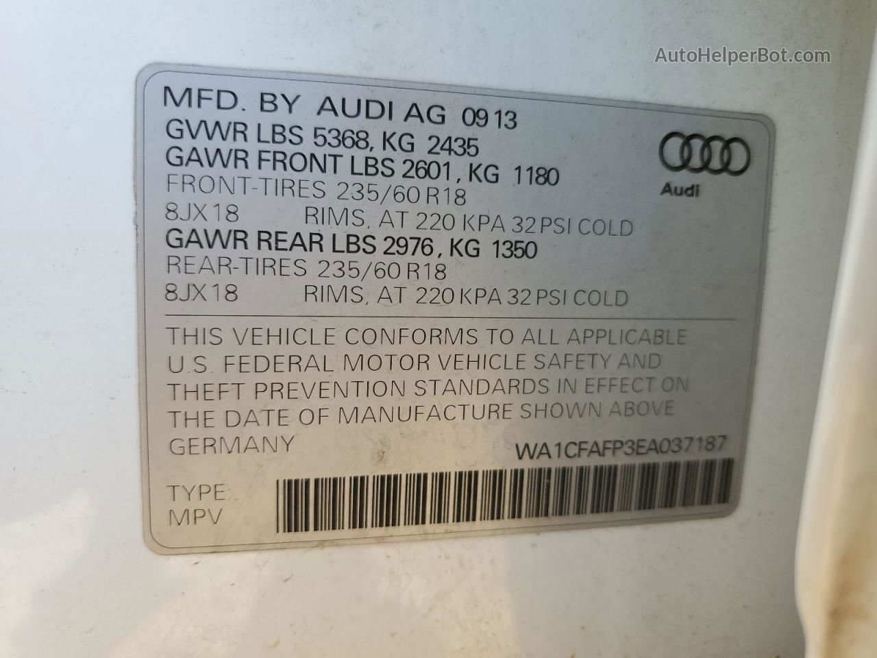 2014 Audi Q5 Premium Белый vin: WA1CFAFP3EA037187