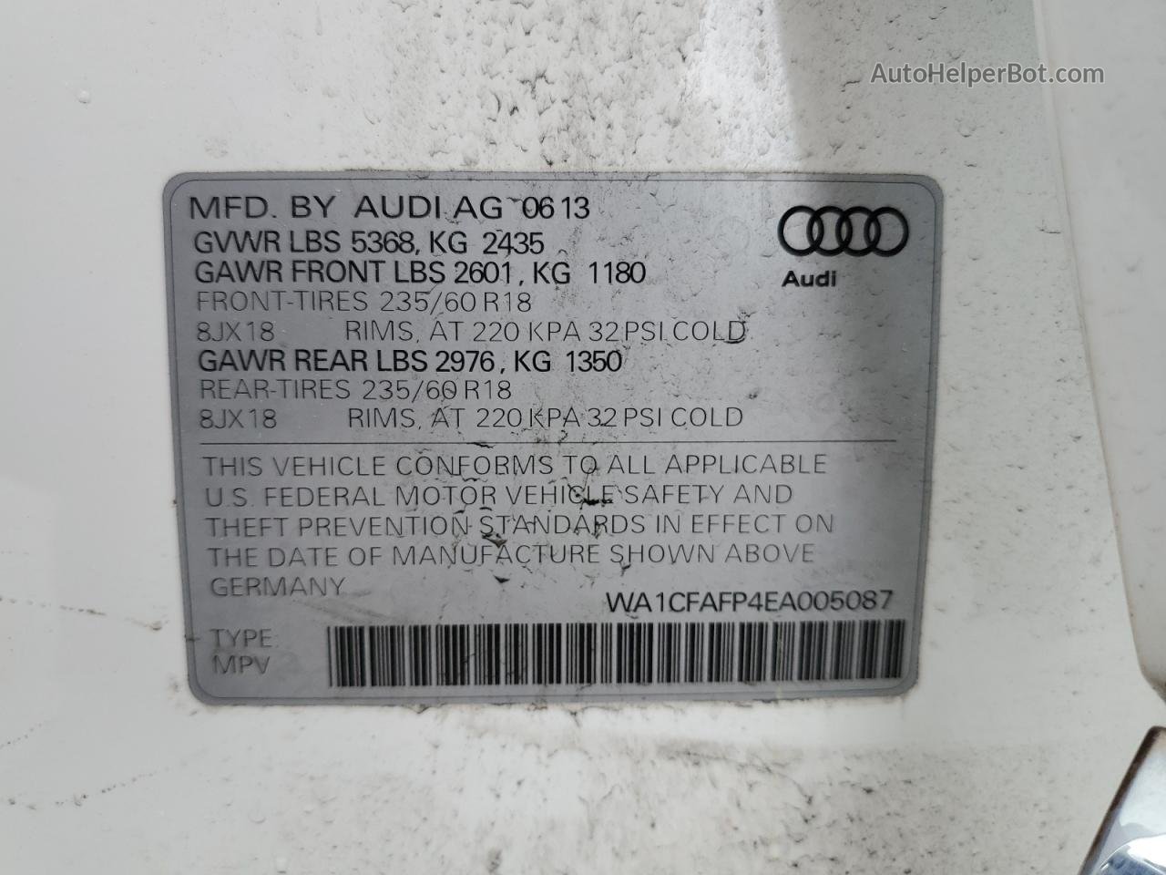 2014 Audi Q5 Premium White vin: WA1CFAFP4EA005087