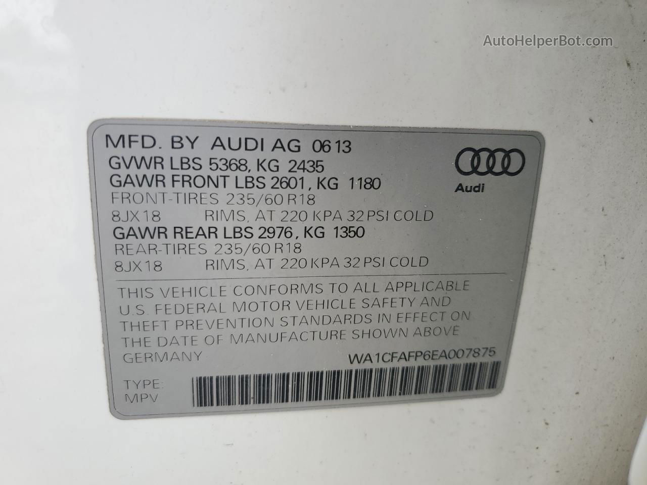 2014 Audi Q5 Premium Белый vin: WA1CFAFP6EA007875