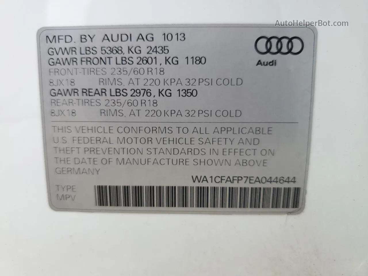 2014 Audi Q5 Premium Белый vin: WA1CFAFP7EA044644