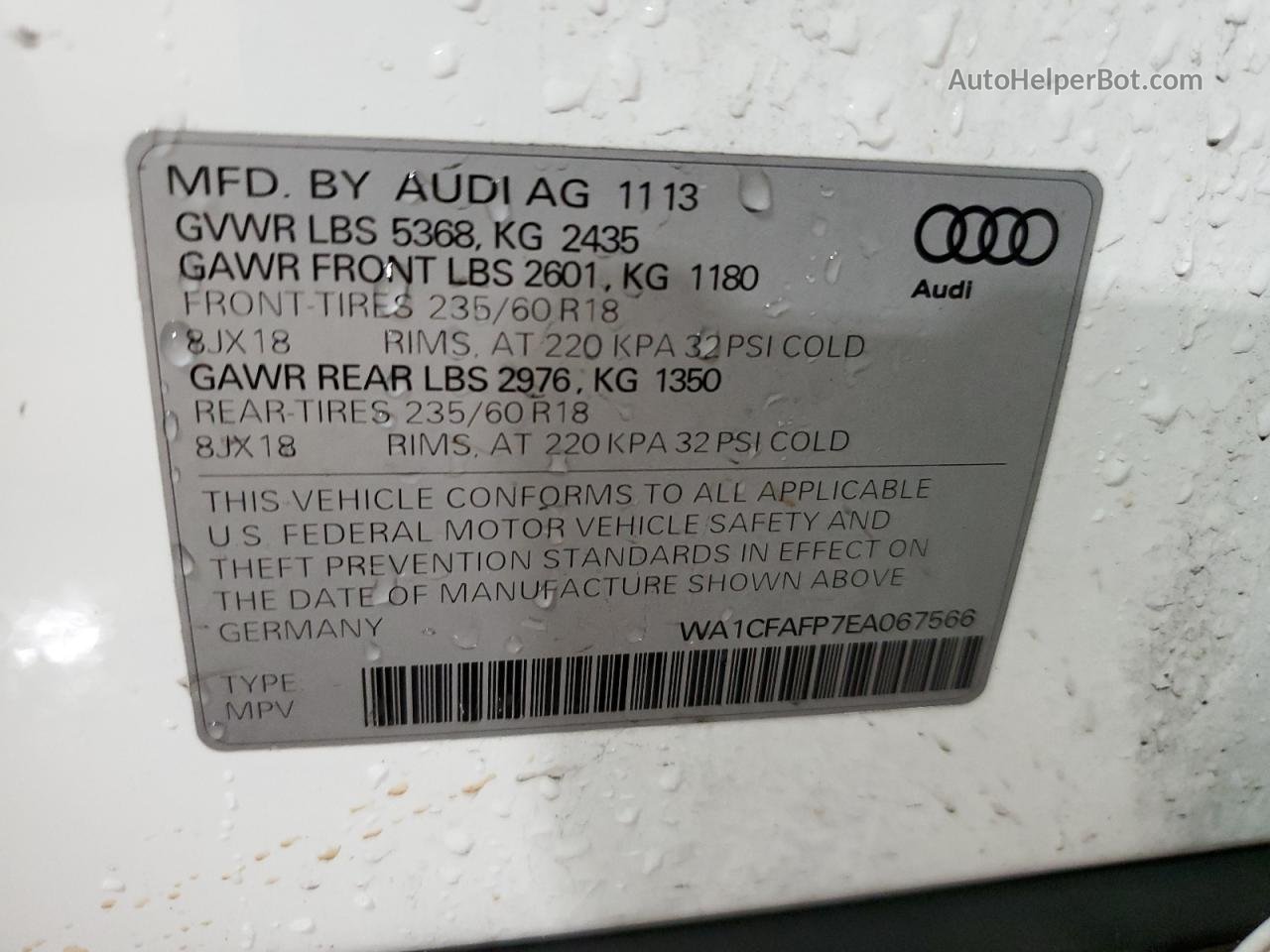 2014 Audi Q5 Premium White vin: WA1CFAFP7EA067566