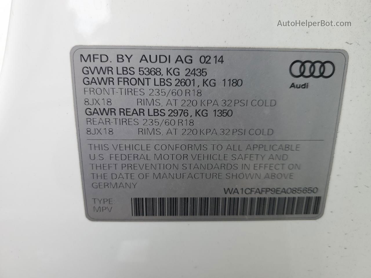 2014 Audi Q5 Premium White vin: WA1CFAFP9EA085650