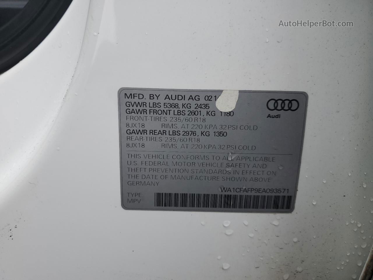 2014 Audi Q5 Premium White vin: WA1CFAFP9EA093571