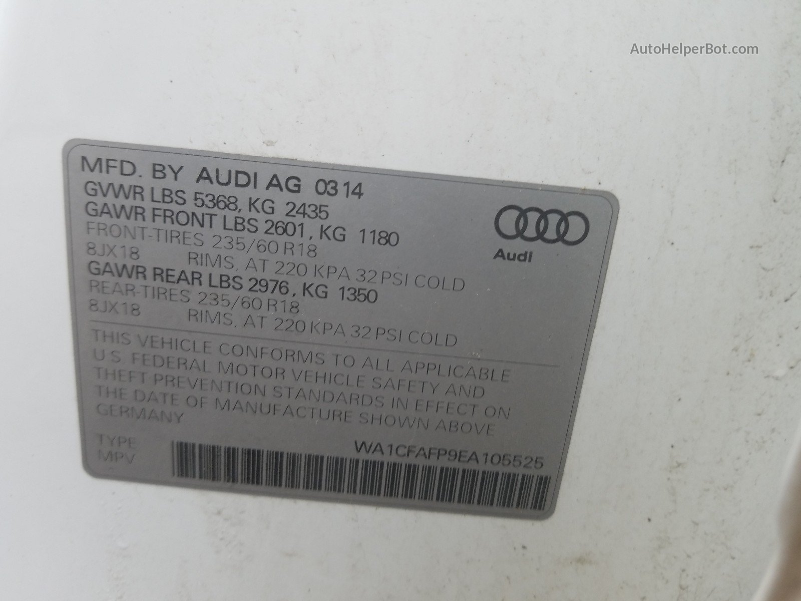 2014 Audi Q5 Premium Белый vin: WA1CFAFP9EA105525
