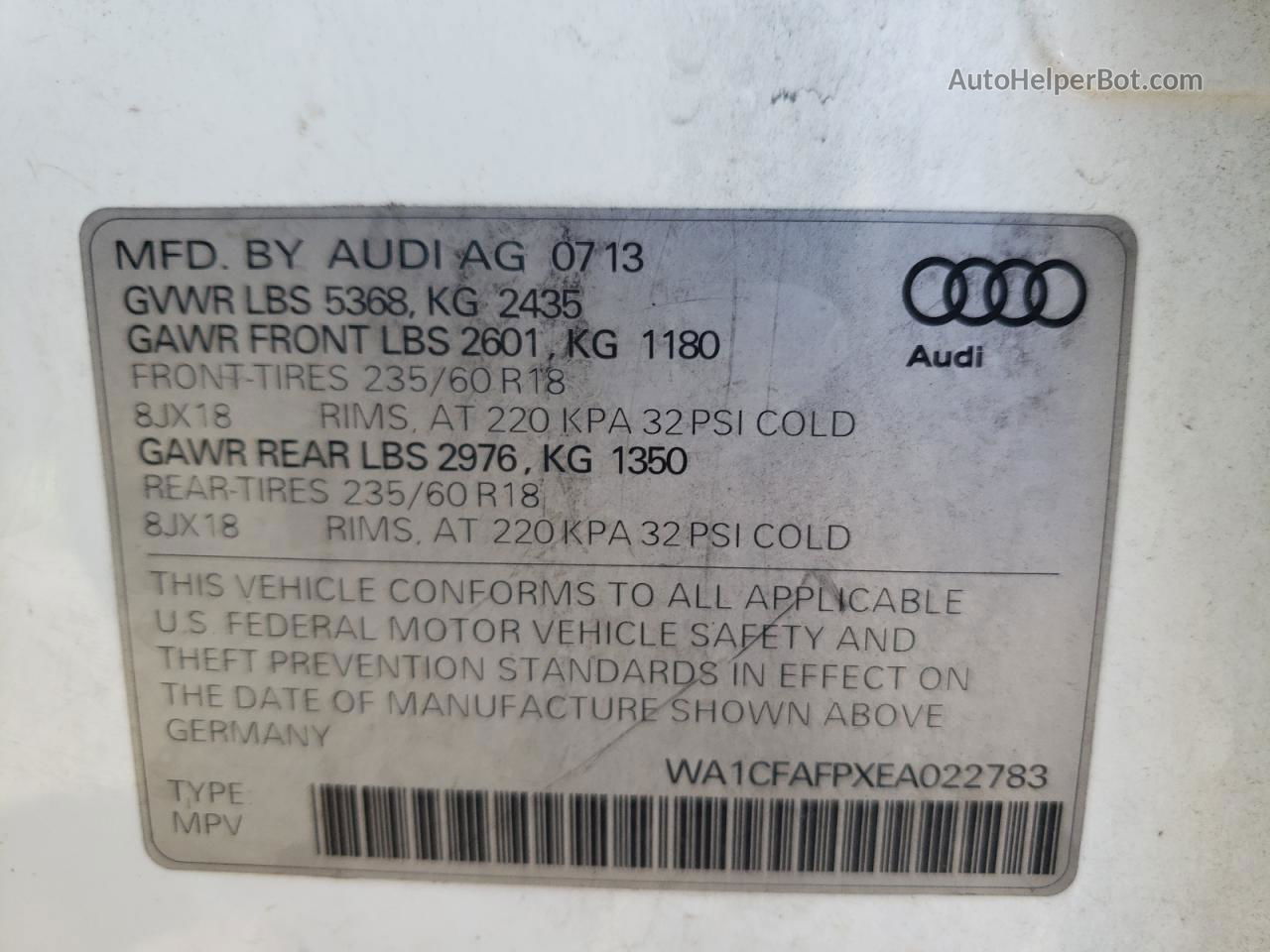 2014 Audi Q5 Premium White vin: WA1CFAFPXEA022783