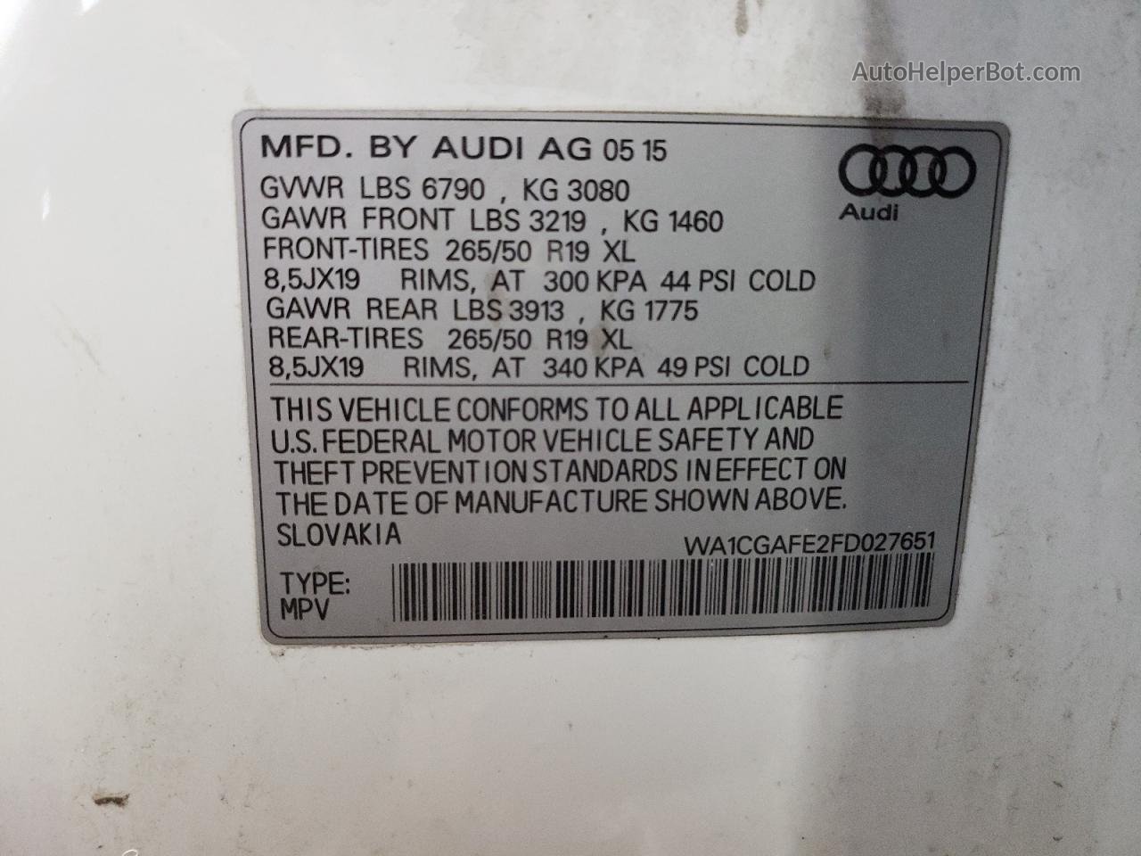 2015 Audi Q7 Premium White vin: WA1CGAFE2FD027651
