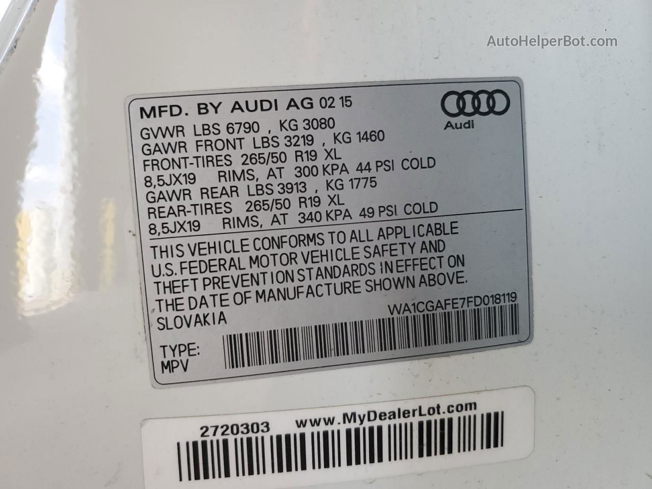 2015 Audi Q7 Premium White vin: WA1CGAFE7FD018119