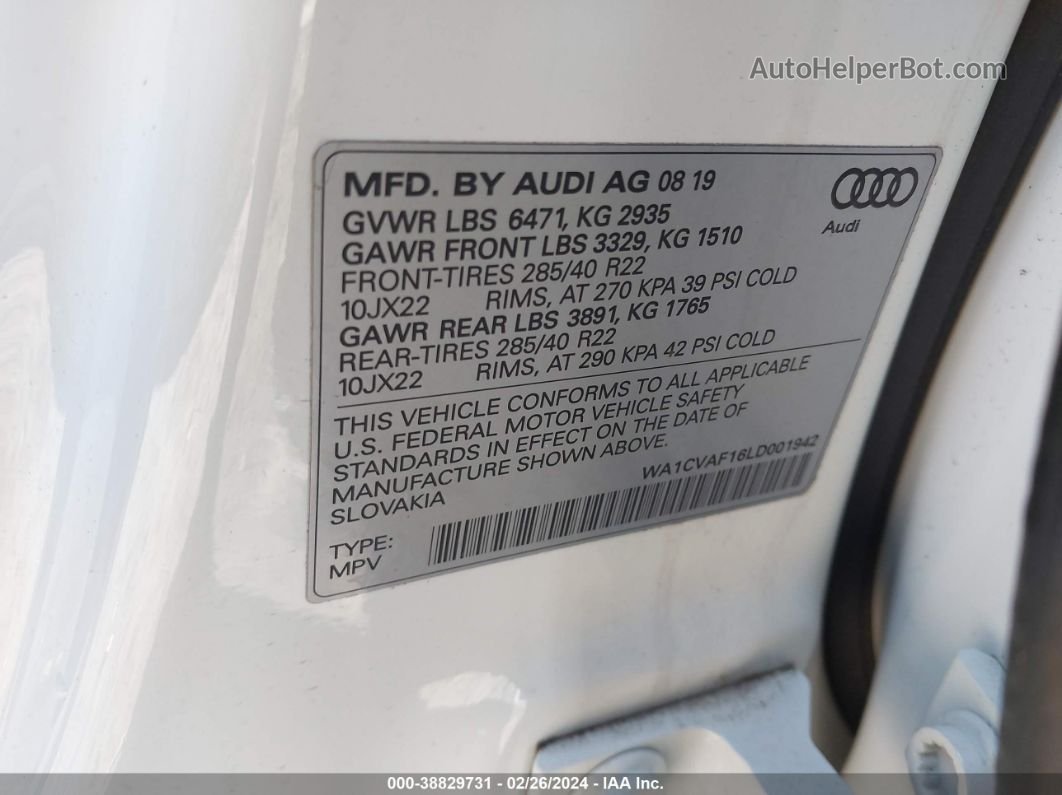2020 Audi Q8 Prestige 55 Tfsi Quattro Tiptronic White vin: WA1CVAF16LD001942