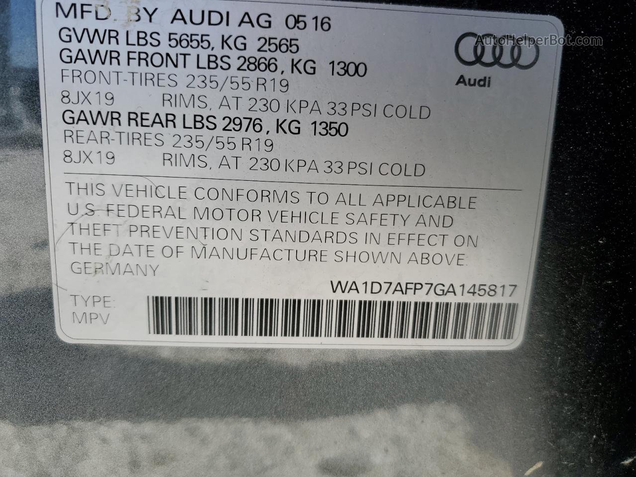 2016 Audi Q5 Premium Plus S-line Угольный vin: WA1D7AFP7GA145817
