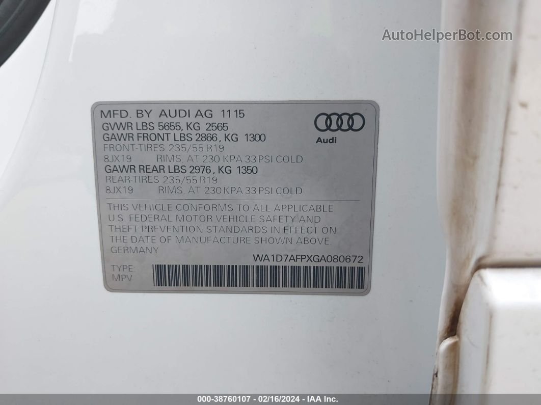 2016 Audi Q5 3.0t Premium Plus White vin: WA1D7AFPXGA080672