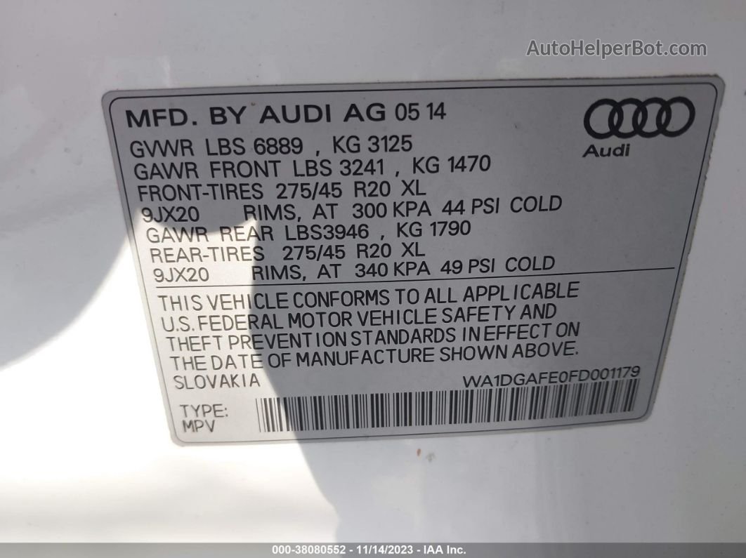 2015 Audi Q7 3.0t S Line Prestige Белый vin: WA1DGAFE0FD001179