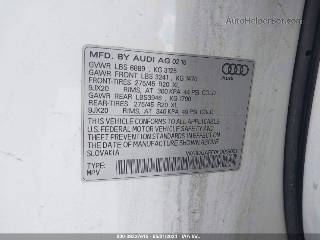 2015 Audi Q7 3.0t S Line Prestige White vin: WA1DGAFE0FD018001