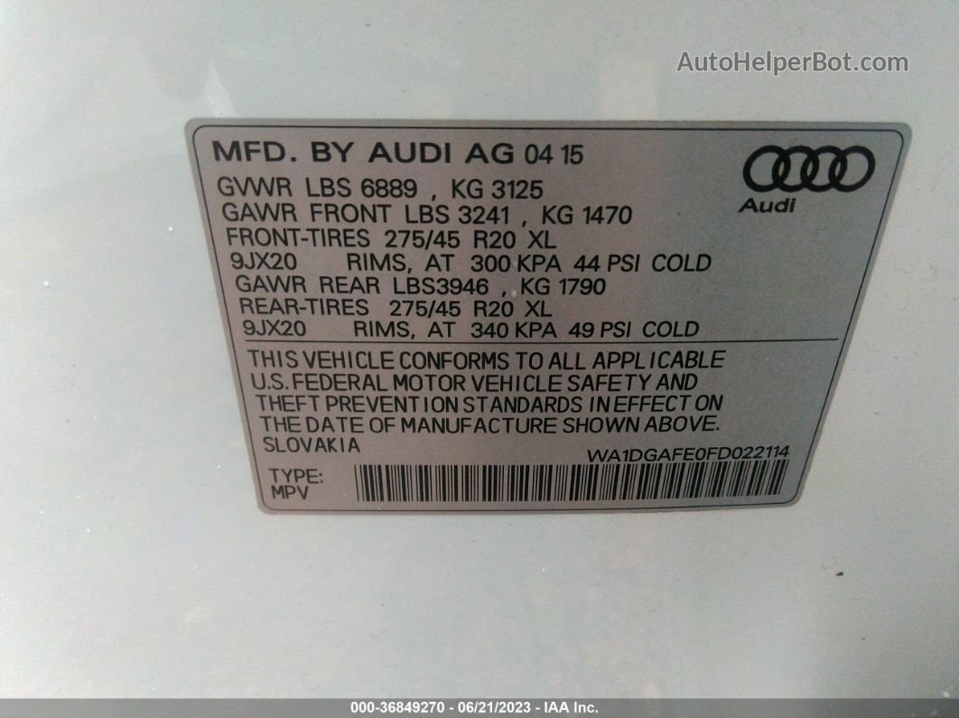 2015 Audi Q7 3.0t S Line Prestige Белый vin: WA1DGAFE0FD022114