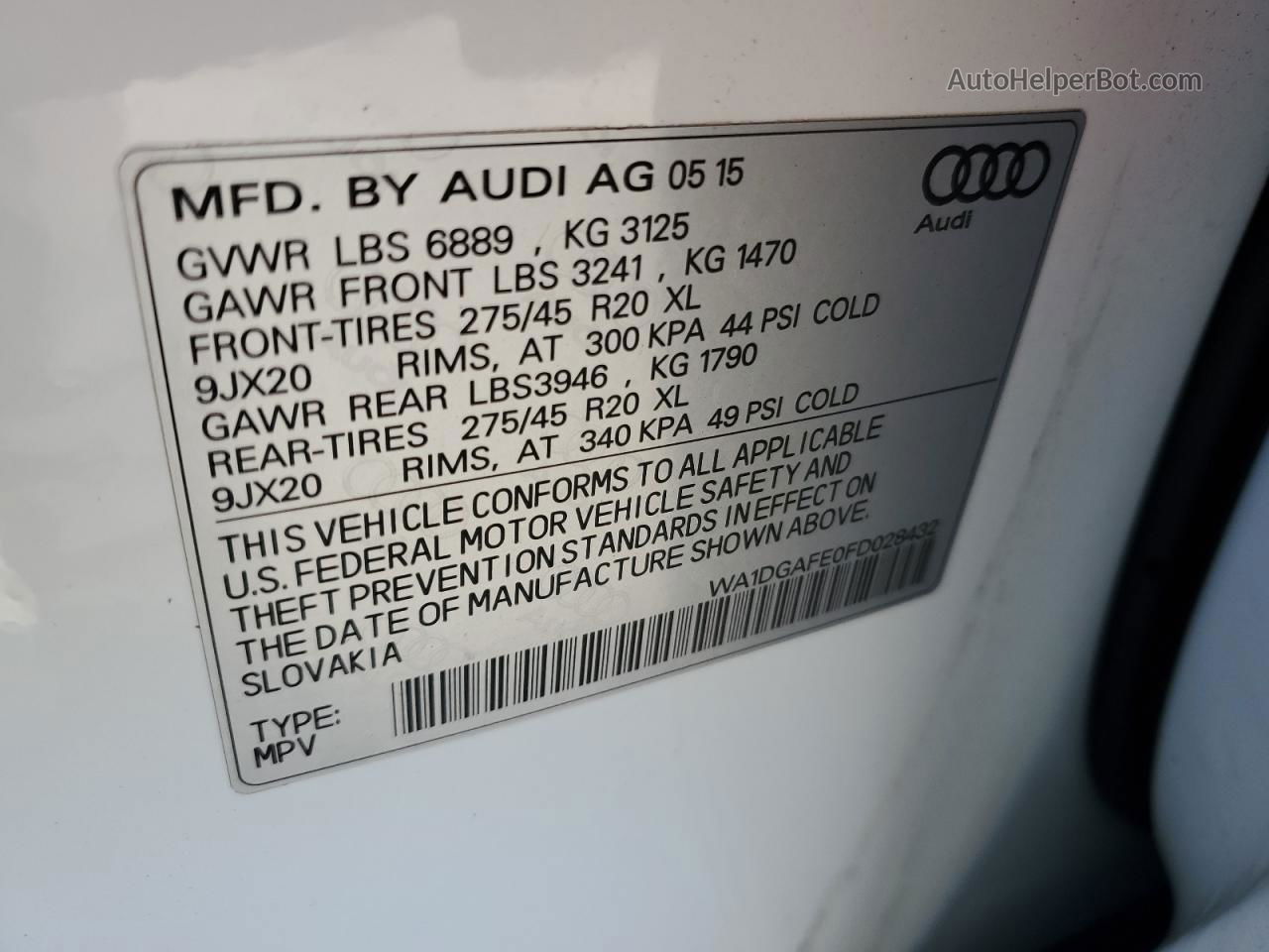 2015 Audi Q7 Prestige White vin: WA1DGAFE0FD028432