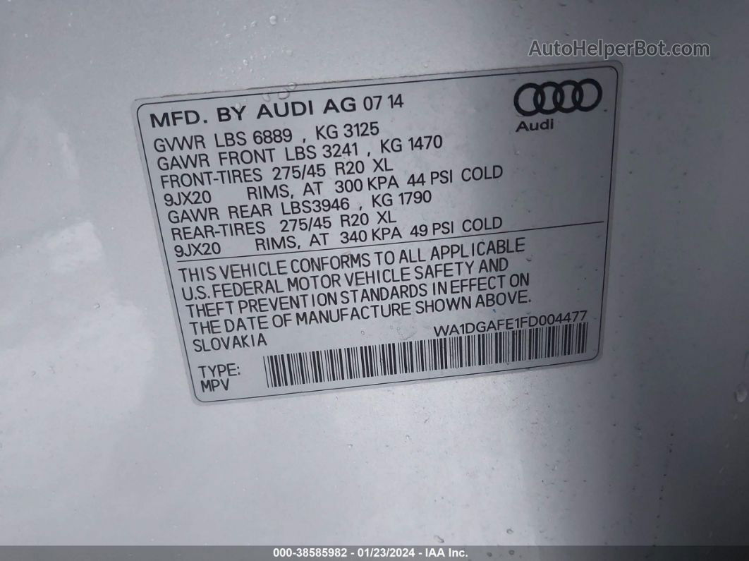 2015 Audi Q7 3.0t S Line Prestige Серебряный vin: WA1DGAFE1FD004477