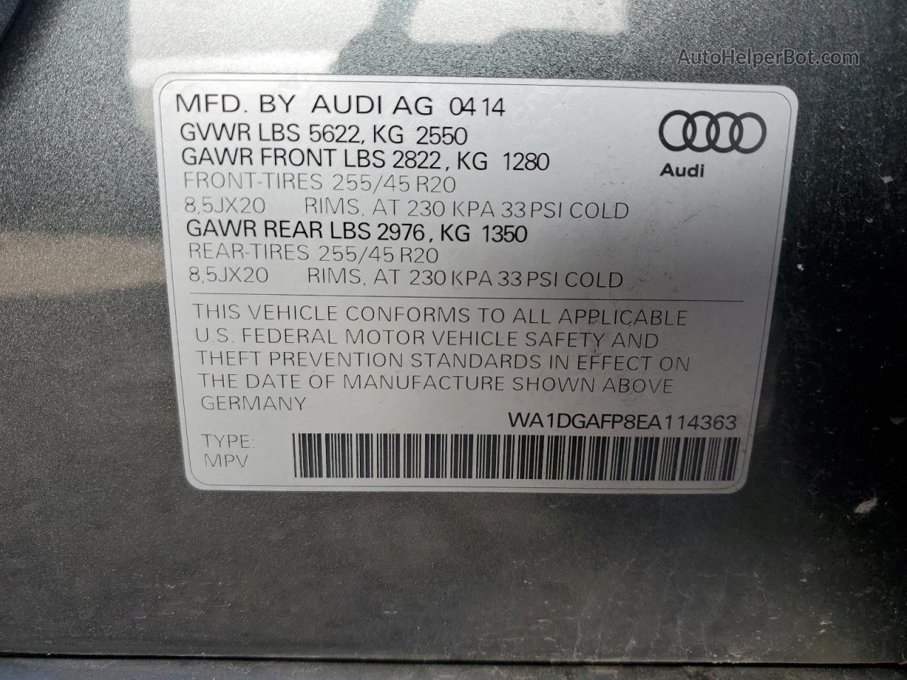 2014 Audi Q5 Premium Plus Серый vin: WA1DGAFP8EA114363