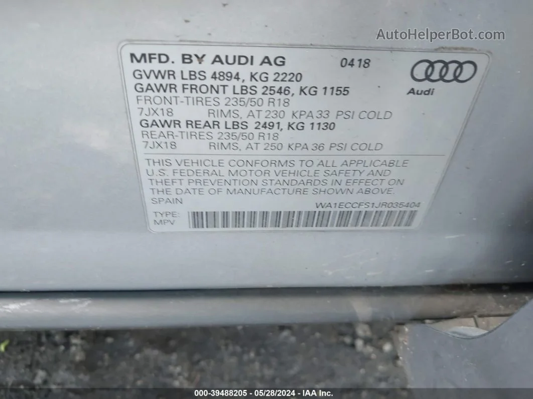 2018 Audi Q3 2.0t Premium/2.0t Sport Premium Silver vin: WA1ECCFS1JR035404