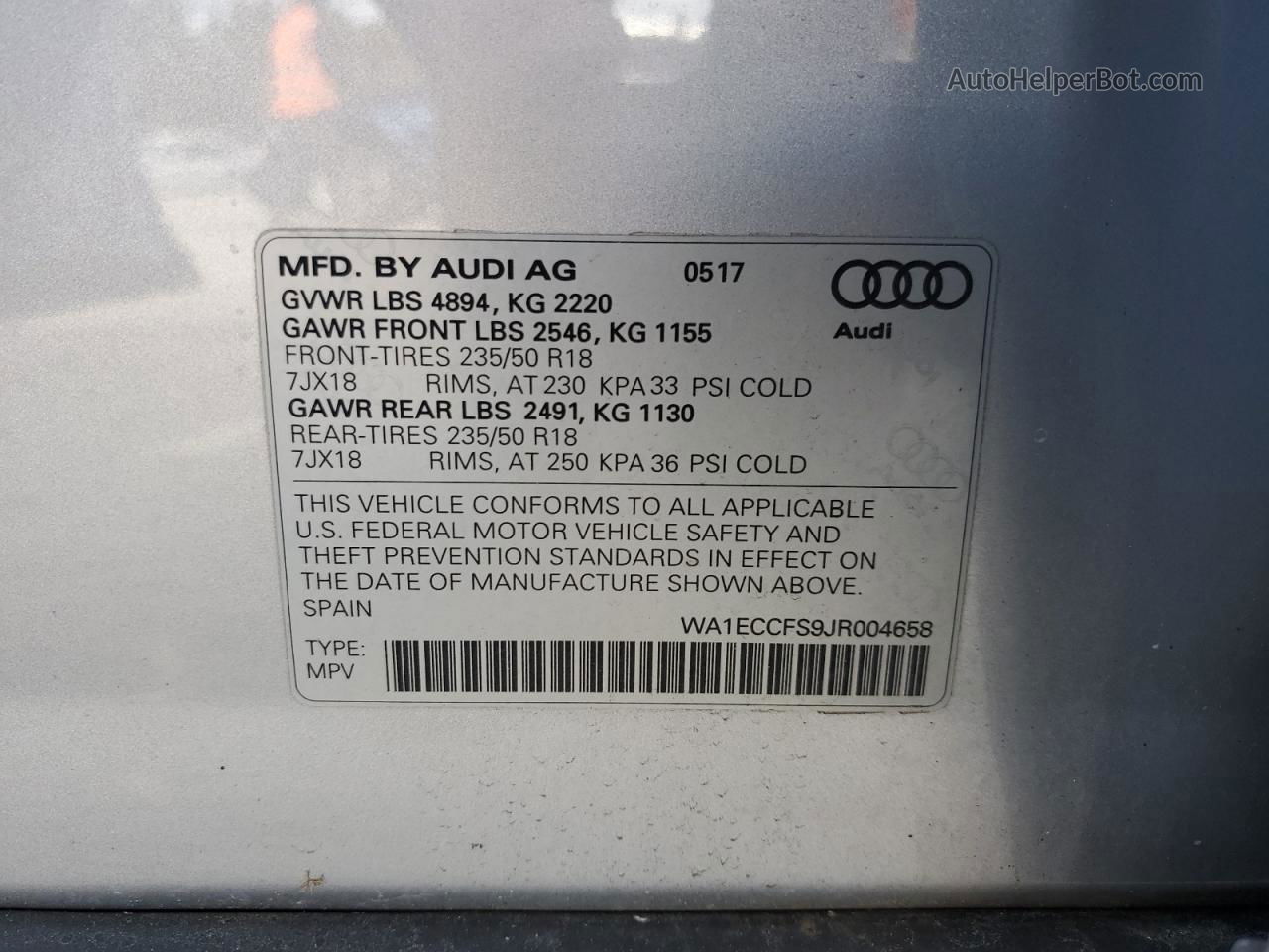 2018 Audi Q3 Premium Silver vin: WA1ECCFS9JR004658