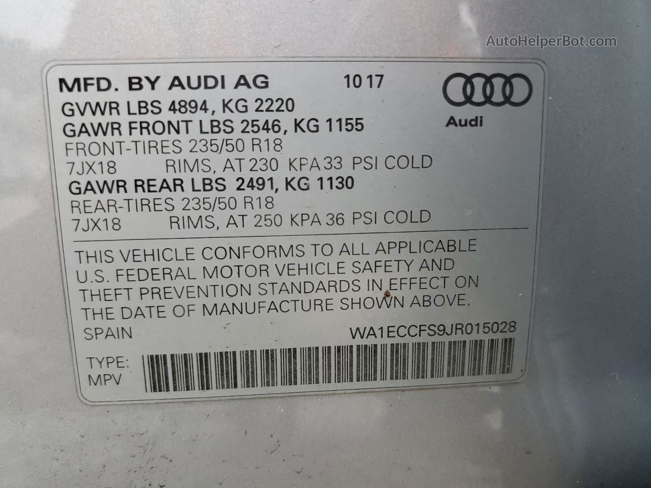 2018 Audi Q3 Premium Silver vin: WA1ECCFS9JR015028