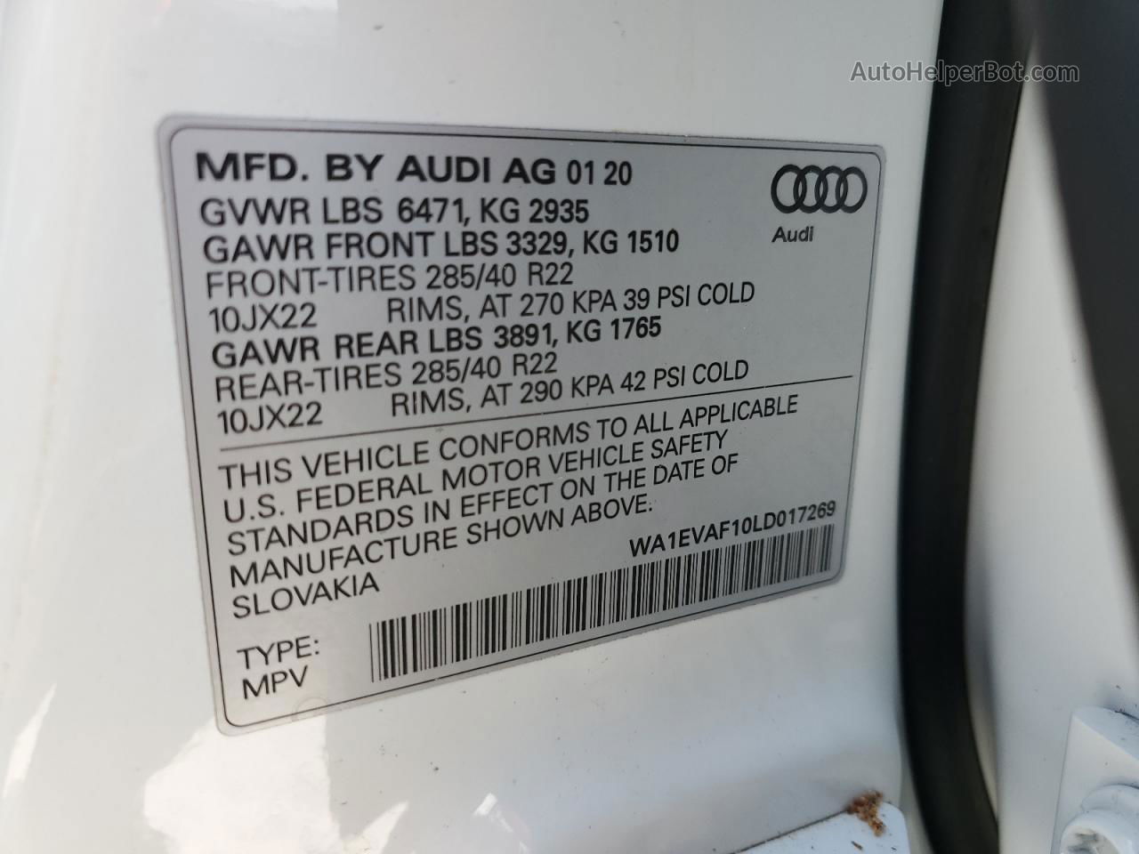 2020 Audi Q8 Premium Plus S-line White vin: WA1EVAF10LD017269