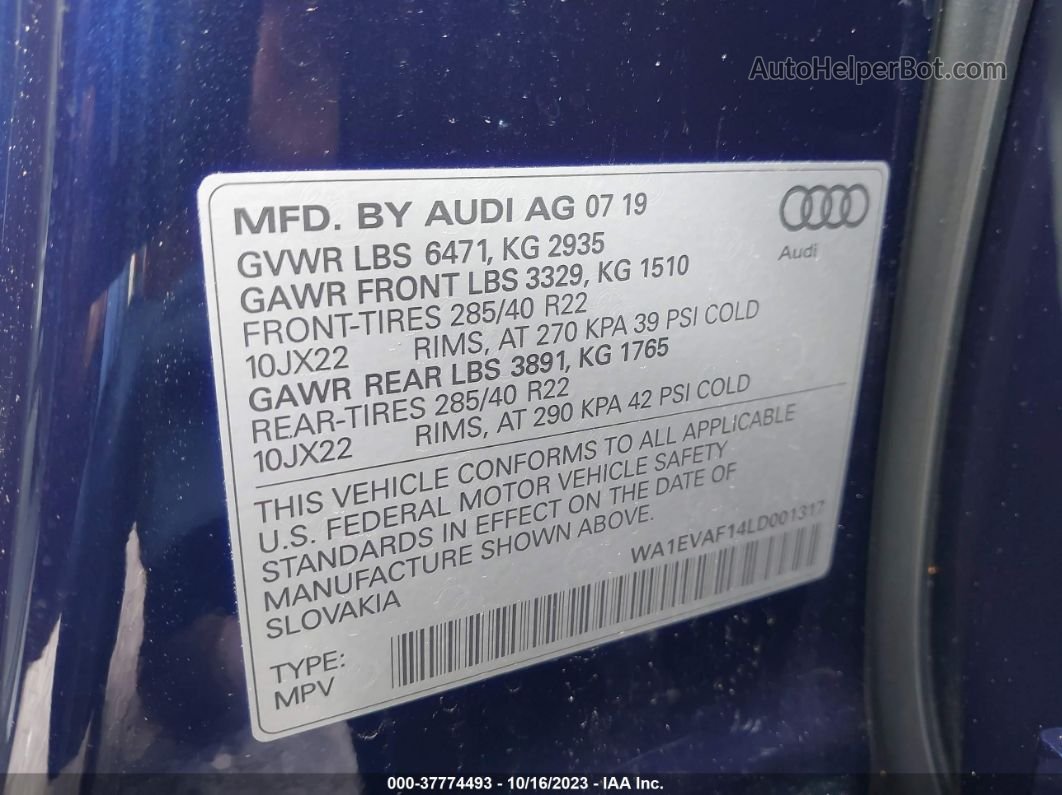 2020 Audi Q8 Premium Plus Синий vin: WA1EVAF14LD001317