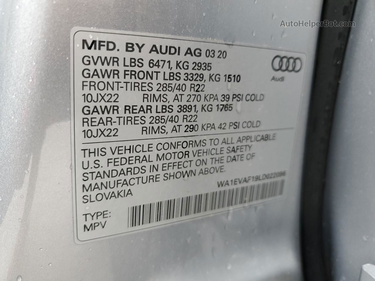 2020 Audi Q8 Premium Plus S-line Silver vin: WA1EVAF19LD022096