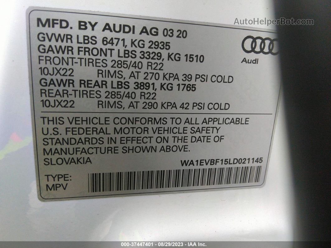 2020 Audi Q8 Premium Plus White vin: WA1EVBF15LD021145