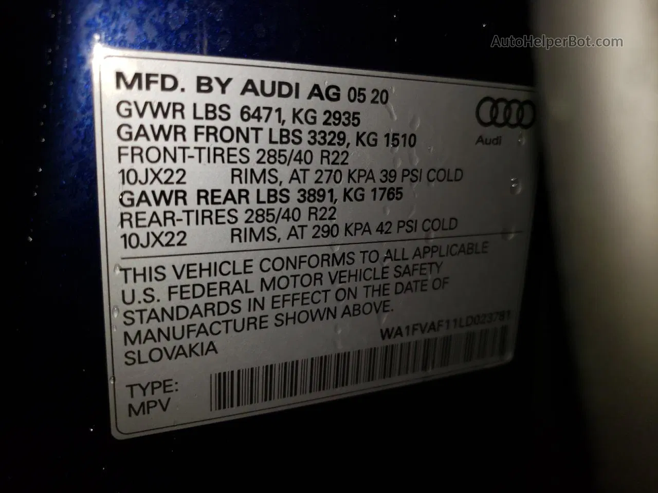 2020 Audi Q8 Prestige S-line Blue vin: WA1FVAF11LD023781