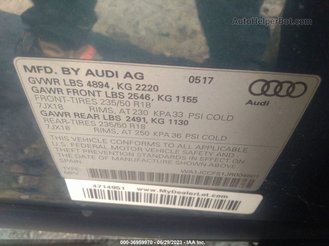 2018 Audi Q3 Premium Plus Синий vin: WA1JCCFS1JR004801