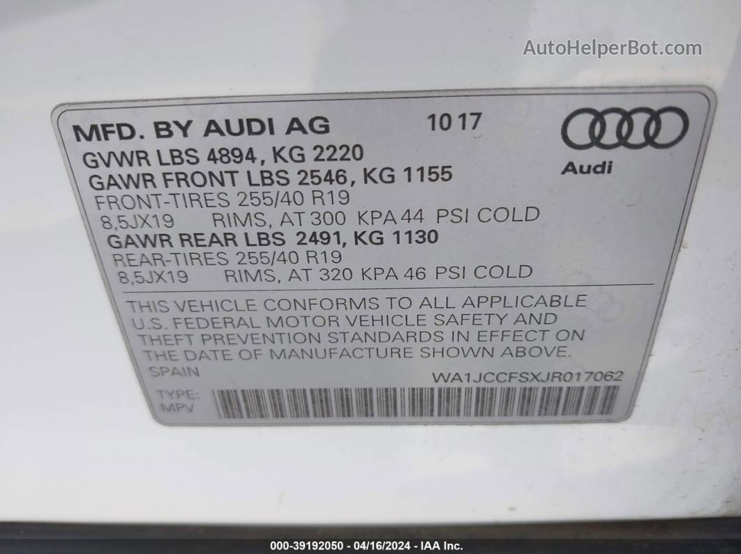 2018 Audi Q3 2.0t Premium/2.0t Sport Premium White vin: WA1JCCFSXJR017062