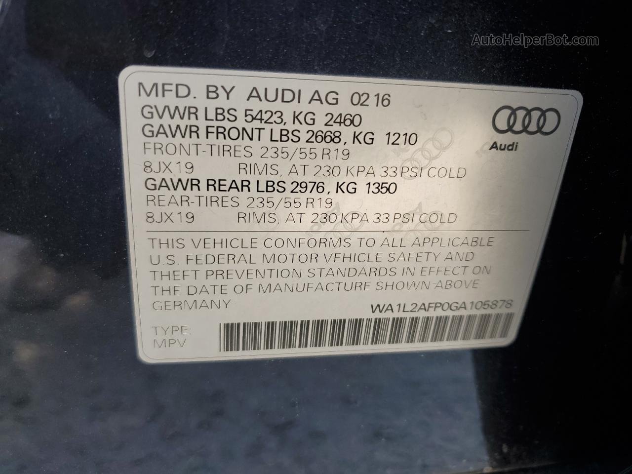 2016 Audi Q5 Premium Plus Угольный vin: WA1L2AFP0GA105878