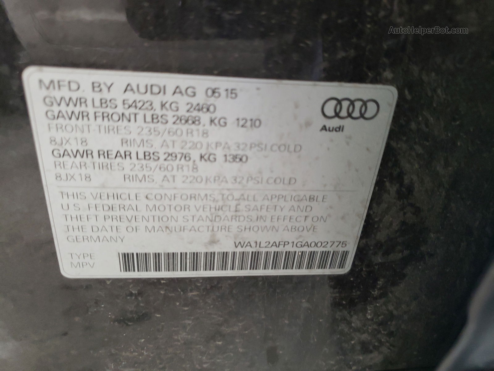 2016 Audi Q5 Premium Plus Серый vin: WA1L2AFP1GA002775