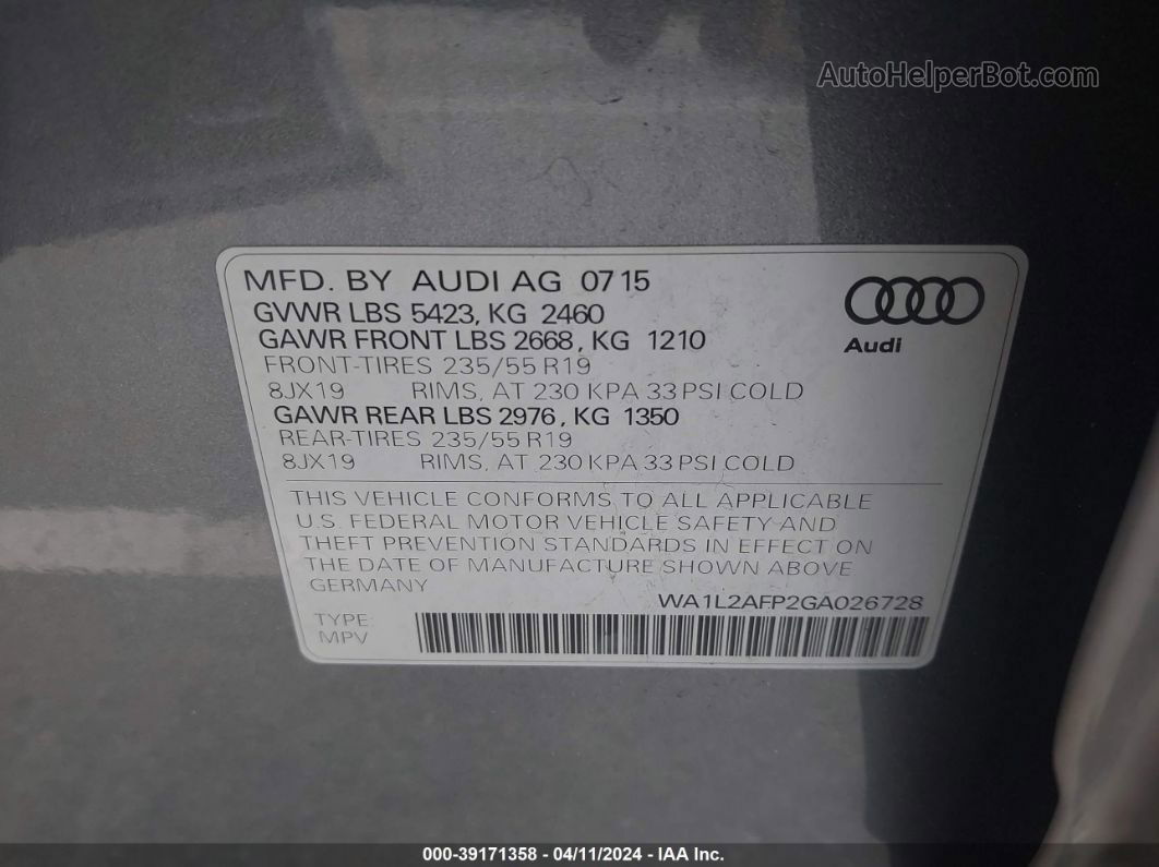 2016 Audi Q5 2.0t Premium Gray vin: WA1L2AFP2GA026728