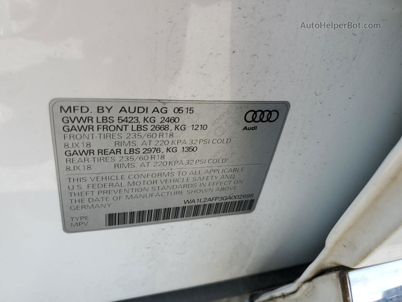 2016 Audi Q5 Premium Plus White vin: WA1L2AFP3GA002695