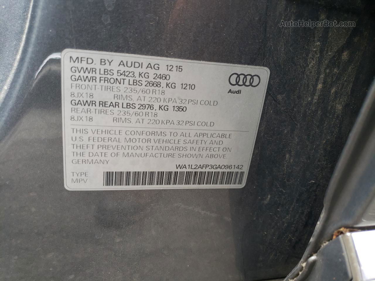 2016 Audi Q5 Premium Plus Серый vin: WA1L2AFP3GA096142