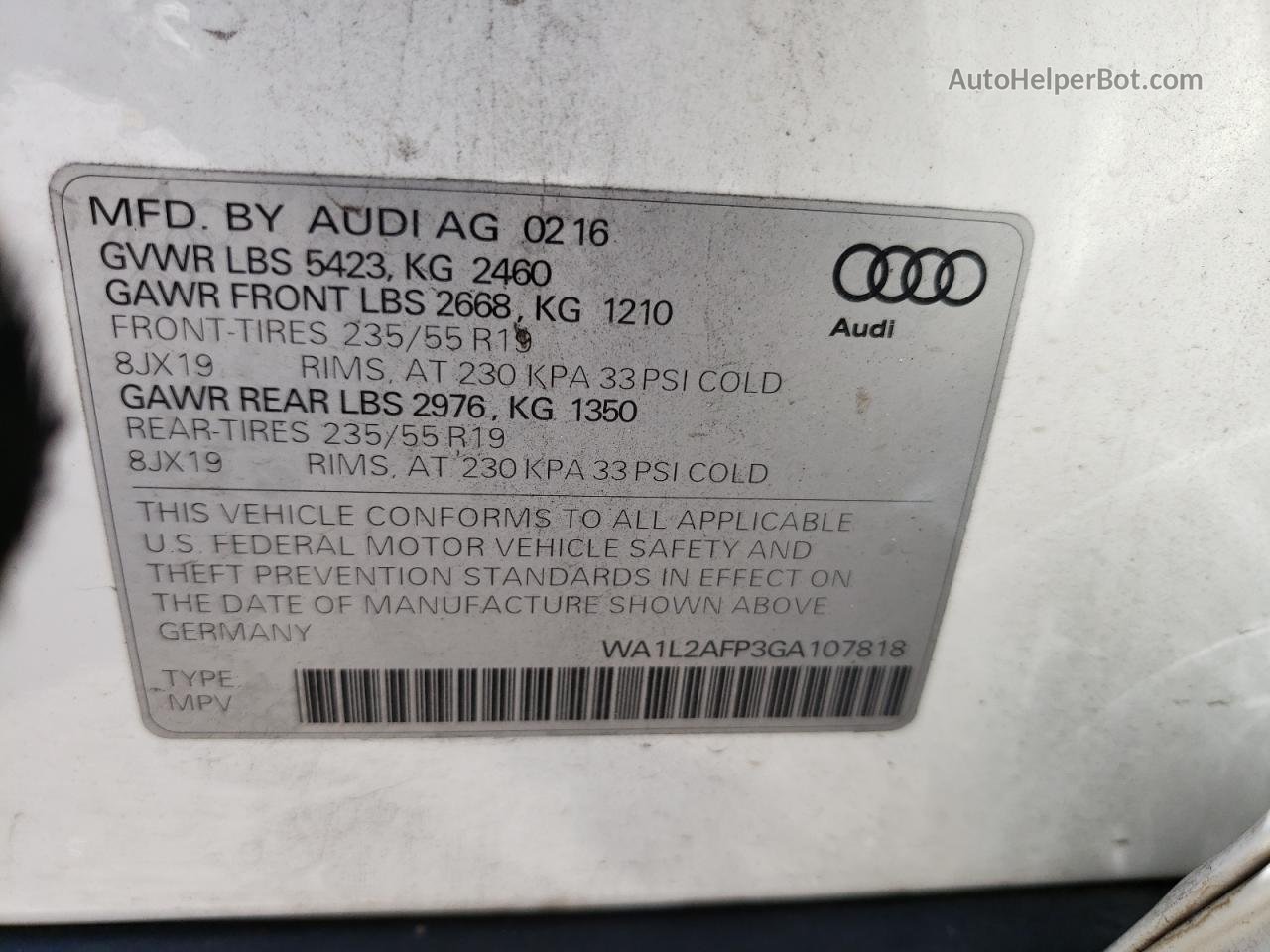 2016 Audi Q5 Premium Plus White vin: WA1L2AFP3GA107818
