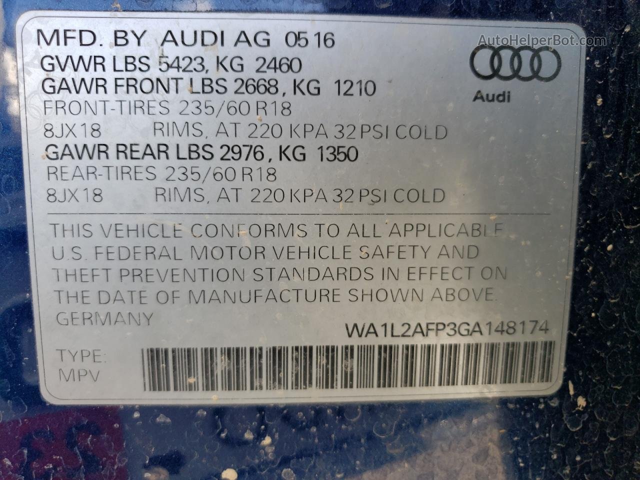 2016 Audi Q5 Premium Plus Синий vin: WA1L2AFP3GA148174