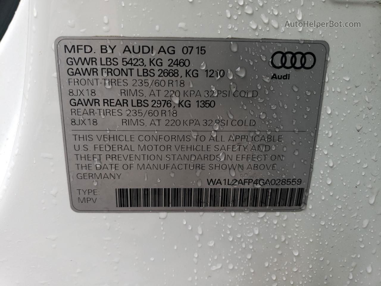 2016 Audi Q5 Premium Plus Белый vin: WA1L2AFP4GA028559