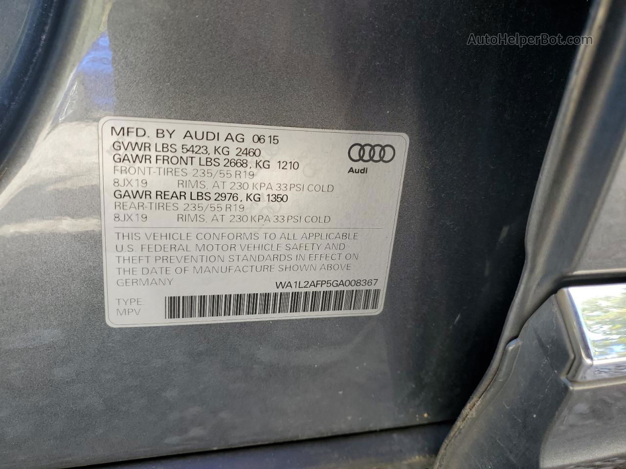 2016 Audi Q5 Premium Plus Серый vin: WA1L2AFP5GA008367