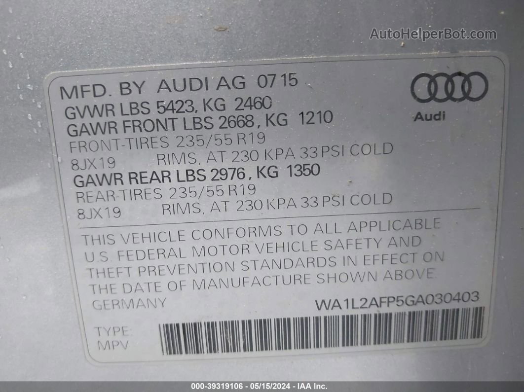 2016 Audi Q5 2.0t Premium Gray vin: WA1L2AFP5GA030403