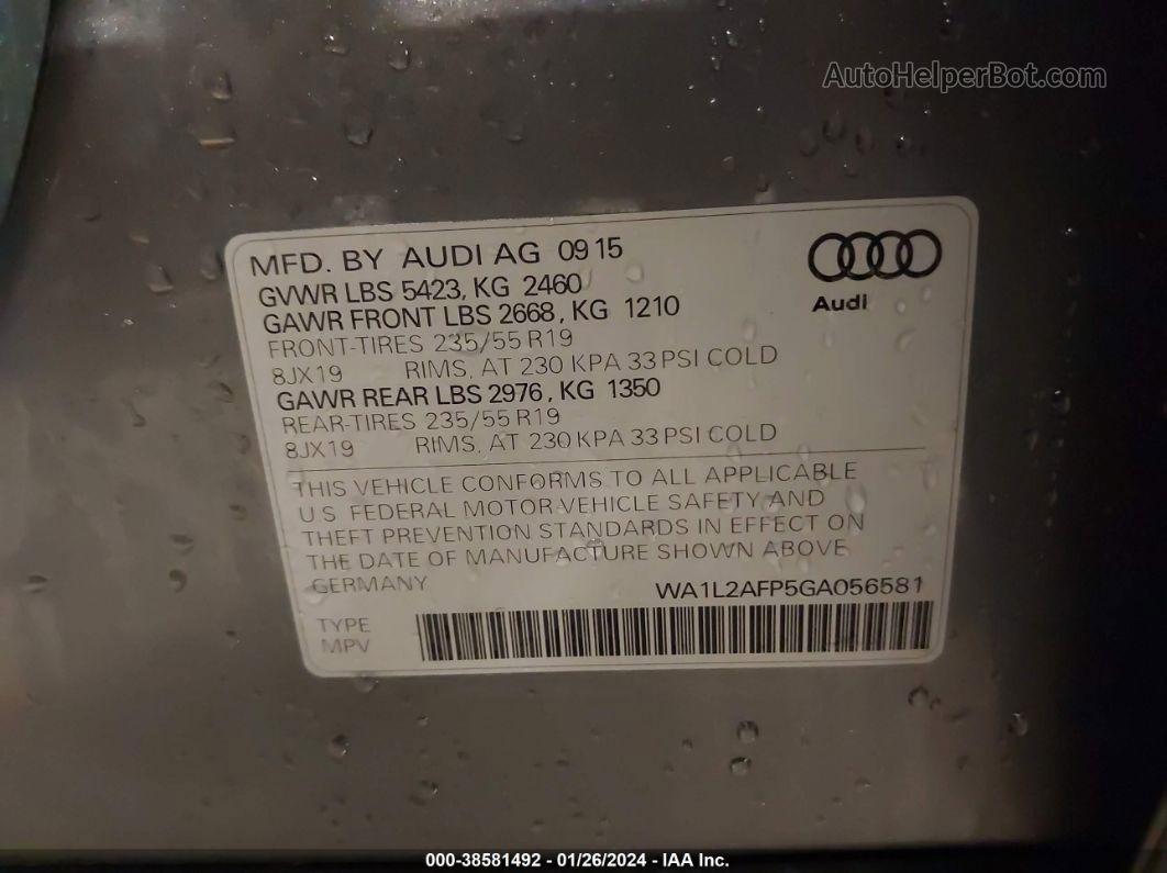 2016 Audi Q5 2.0t Premium Серый vin: WA1L2AFP5GA056581