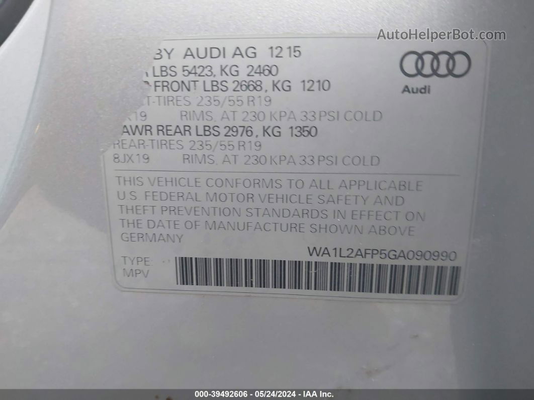 2016 Audi Q5 Premium Plus Серебряный vin: WA1L2AFP5GA090990