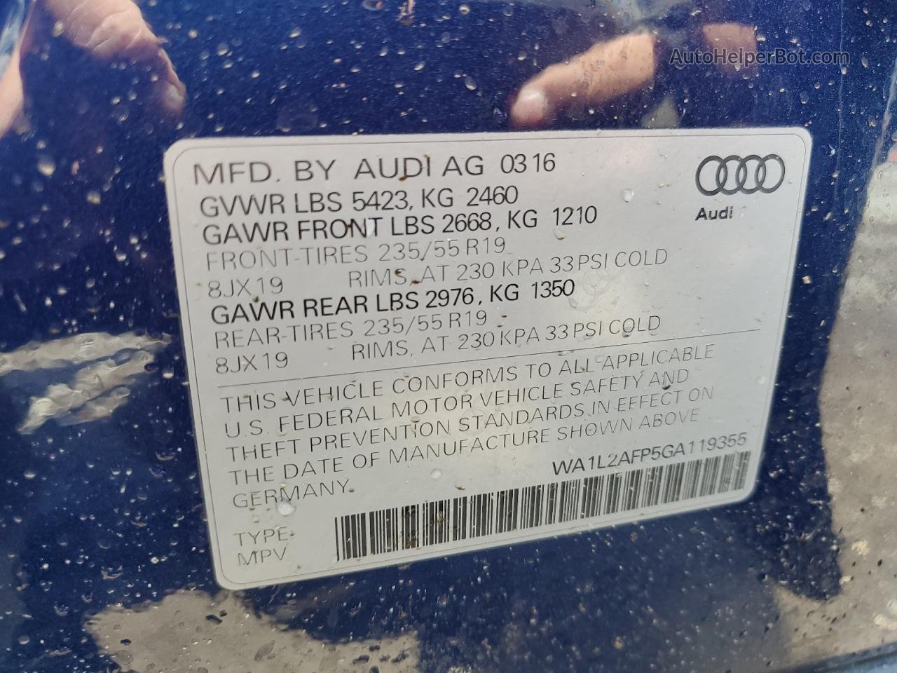 2016 Audi Q5 Premium Plus Синий vin: WA1L2AFP5GA119355