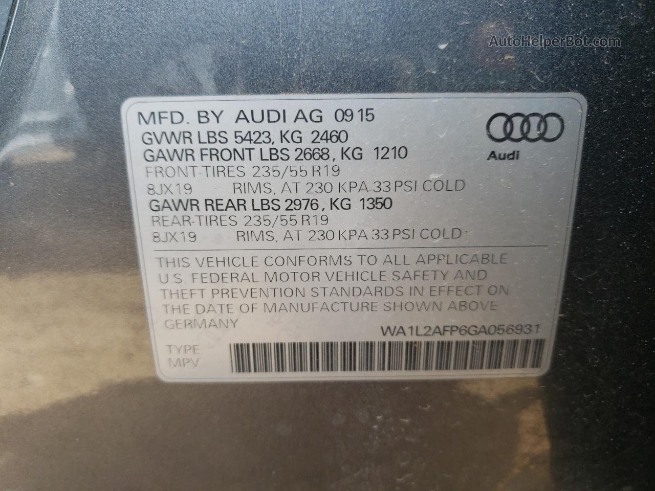 2016 Audi Q5 Premium Plus Серый vin: WA1L2AFP6GA056931