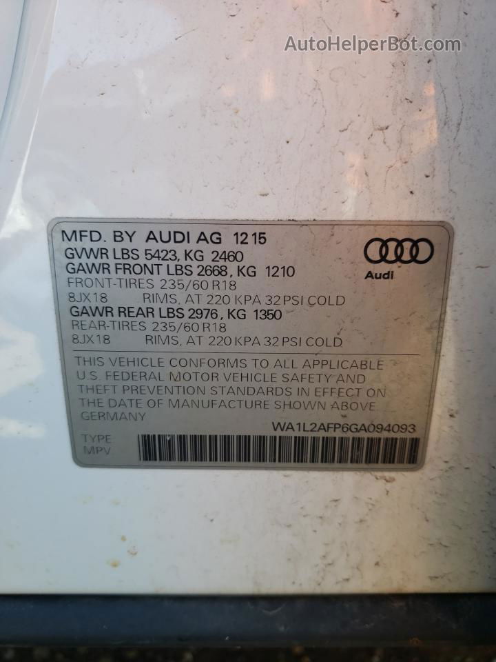 2016 Audi Q5 Premium Plus White vin: WA1L2AFP6GA094093