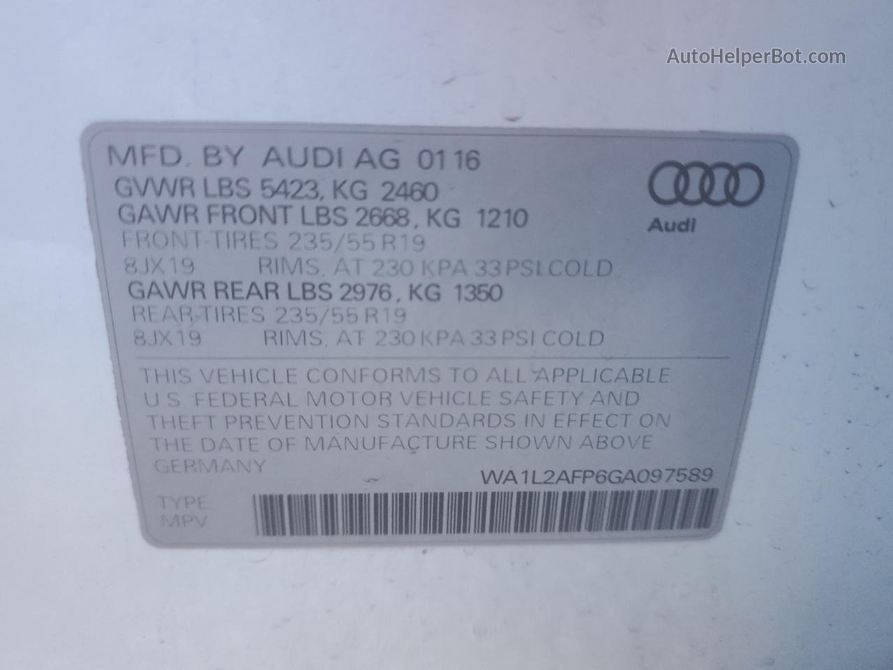 2016 Audi Q5 Premium Plus White vin: WA1L2AFP6GA097589